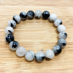 10mm Black Rutilated Quartz Gemstone Bead Unisex Stretch Bracelet