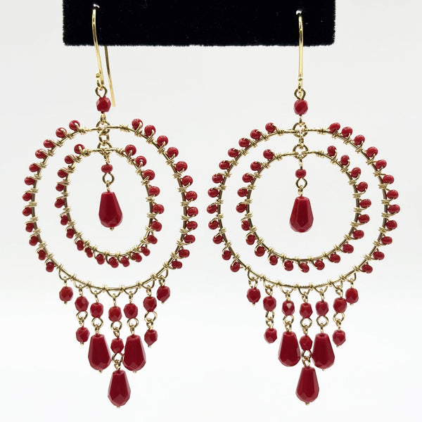 Red Czech Crystal Bead Chandelier Earrings Elegant Gold Tone Boho Dangle Earrings