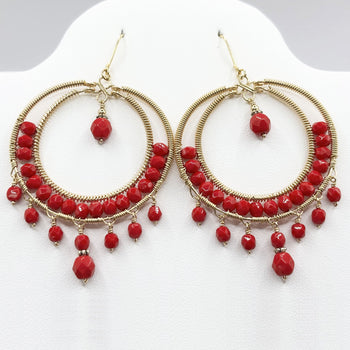 Red Czech Bead Hoop Chandelier Earrings Gold Tone Boho Dangle Earrings with Hypoallergenic Stainless Steel Hooks