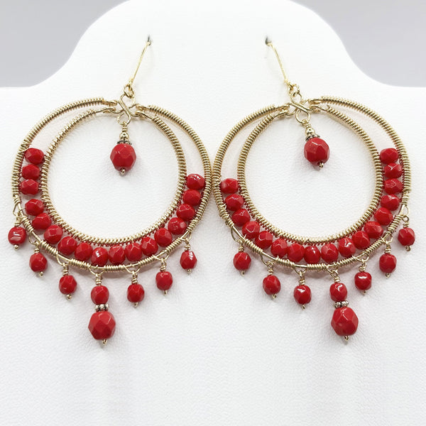 Red Czech Bead Hoop Chandelier Earrings Gold Tone Boho Dangle Earrings with Hypoallergenic Stainless Steel Hooks