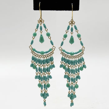 Turquoise Fire Polished Bead Chandelier Dangle Earrings Gold Tone Boho Statement with Hypoallergenic Steel Hooks