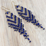 Bohemian Cobalt Blue Fire Polished Beaded Chevron Earrings in Hypoallergenic Steel