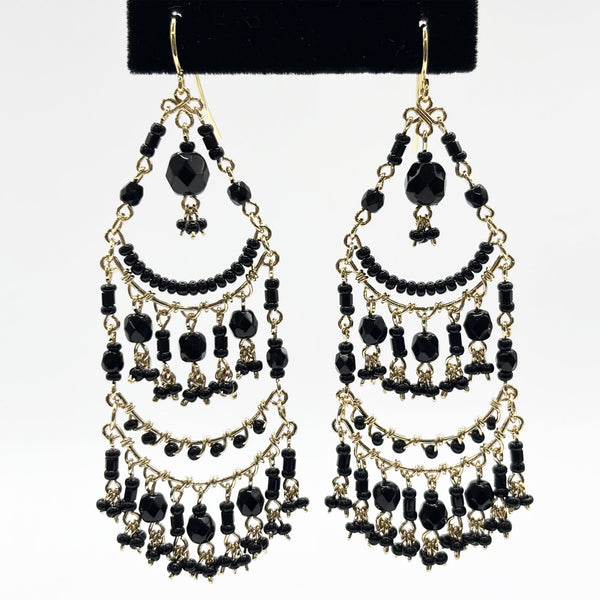 Fire Polished Black Bead Chandelier Earrings Hypoallergenic Stainless Steel Boho Jewelry - MPER159