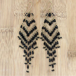 Black Fire Polished Beads Extra Long Chandelier Earrings in Gold Tone Handmade Elegant Statement Jewelry - MPER160
