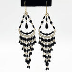 Black Fire Polished Beads Long Chandelier Earrings in Gold Tone Handmade Elegant Statement Dangle Jewelry - MPER161