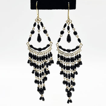 Black Fire Polished Beads Long Chandelier Earrings in Gold Tone Handmade Elegant Statement Dangle Jewelry - MPER161