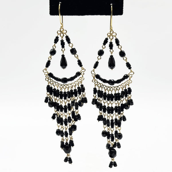 Black Fire Polished Beads Long Chandelier Earrings in Gold Tone Handmade Elegant Statement Dangle Jewelry - MPER161