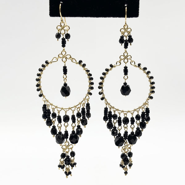 Black Fire Polished Beads Chandelier Hoop Earrings in Gold Tone Handmade Elegant Statement Dangle Jewelry - MPER162