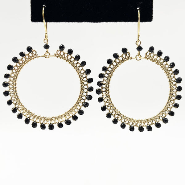Black Czech Beads Oval Hoop Earrings in Gold Tone Handmade Minimalist Dangle Jewelry - MPER163