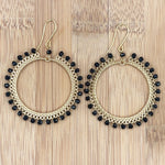 Black Czech Beads Oval Hoop Earrings in Gold Tone Handmade Minimalist Dangle Jewelry - MPER163
