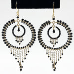 Black Czech Beads Chandelier Hoop Earrings in Gold Tone Handmade Elegant Dangle Statement Jewelry - MPER164