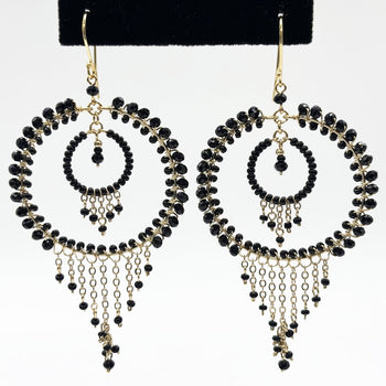 Black Czech Beads Chandelier Hoop Earrings in Gold Tone Handmade Elegant Dangle Statement Jewelry - MPER164