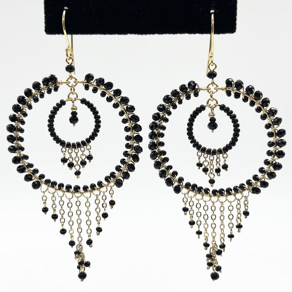 Black Czech Beads Chandelier Hoop Earrings in Gold Tone Handmade Elegant Dangle Statement Jewelry - MPER164