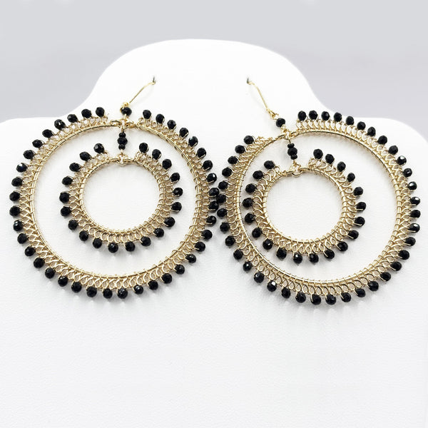 Black Czech Beads Double Hoop Earrings in Gold Tone Handmade Elegant Statement Jewelry - MPER165