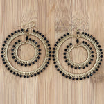 Black Czech Beads Double Hoop Earrings in Gold Tone Handmade Elegant Statement Jewelry - MPER165
