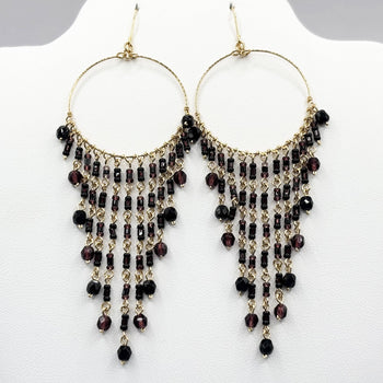 Fire Polished Beads Chandelier Hoop Earrings in Gold Tone Handmade Elegant Dangle Jewelry - MPER166