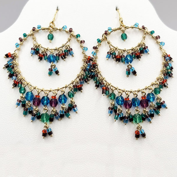 Gold Tone Chandelier Earrings with Multicolor Crystal Beads Boho Dangle Statement Jewelry Hypoallergenic Stainless Steel
