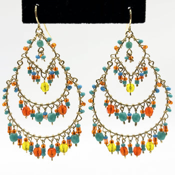 Gold Tone Multicolor Fire Polished Bead Chandelier Earrings Boho Dangle Statement Jewelry Hypoallergenic Stainless Steel