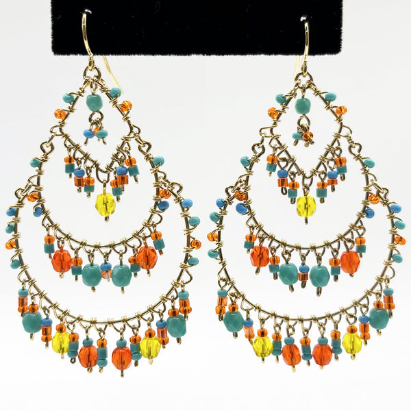 Gold Tone Multicolor Fire Polished Bead Chandelier Earrings Boho Dangle Statement Jewelry Hypoallergenic Stainless Steel
