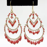 Gold Tone Teardrop Chandelier Earrings with Red Fire Polished Beads Statement Dangle Jewelry