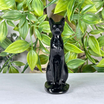 Hand-Carved Black Obsidian Cat Carving 3" Crystal Figurine for Protection & Home Decor - RAN570