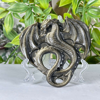 Gold Sheen Obsidian Dragon Carving Polished Crystal Figurine Display Piece - RAN571