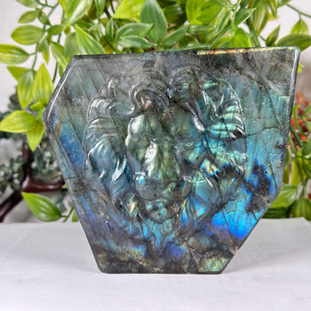 Labradorite Lion Sculpture Hand-Carved Gemstone with Blue Fire Flash - RAN572