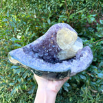 Natural Amethyst and Calcite Crystal Geode on Stand for Energy Healing, Meditation, Home Decor & Crystal Collection - RGD833