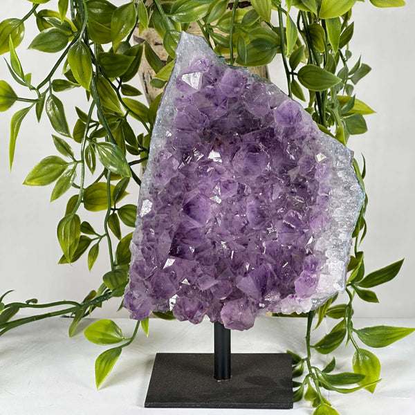 Natural Amethyst Druzy Geode Crystal Cluster on Metal Stand Polished Purple Display Stone - RGD867