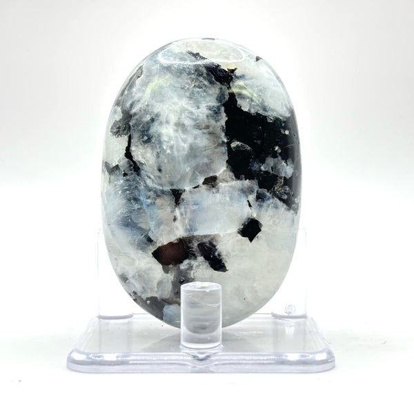 Rainbow Moonstone Palm Stone with Black Tourmaline Inclusions Natural Crystal Polished Healing Gemstone