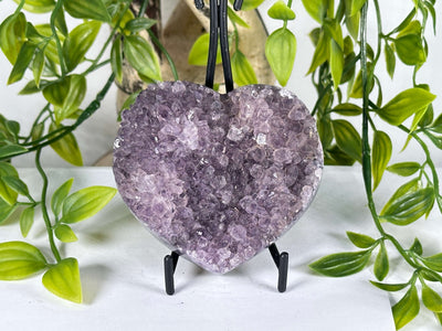 Natural Brazilian Amethyst Druzy Heart Crystal on Stand Polished Healing Stone Decor - RSH333