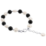 Austrian white imitation Pearl & Black Onyx 925 Sterling Silver 7 to 8 inch Long Bracelet
