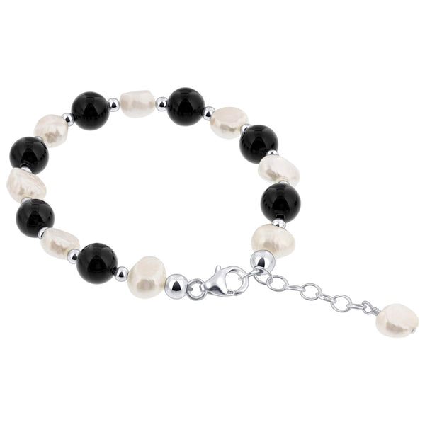 Austrian white imitation Pearl & Black Onyx Sterling Silver Bracelet - Gem Avenue
