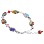 .925 Sterling Silver Bracelet with Austrian Crystals and Colorful Millefiori Glass Elegant Handmade Jewelry