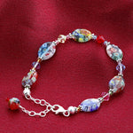 .925 Sterling Silver Bracelet with Austrian Crystals and Colorful Millefiori Glass Elegant Handmade Jewelry