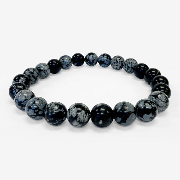 Snowflake Obsidian Bead Handmade Stretch Unisex Bracelet - Gem Avenue