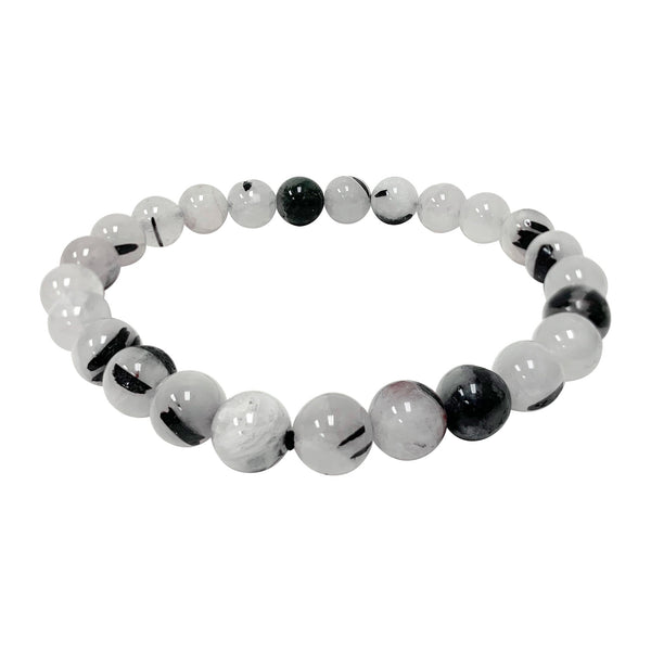 Black Rutilated Quartz Bead Unisex Handmade Stretch Bracelet - Gem Avenue
