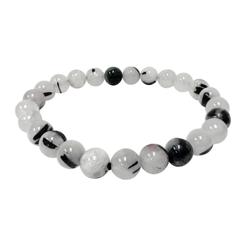Black Rutilated Quartz Bead Unisex Handmade Stretch Bracelet - Gem Avenue