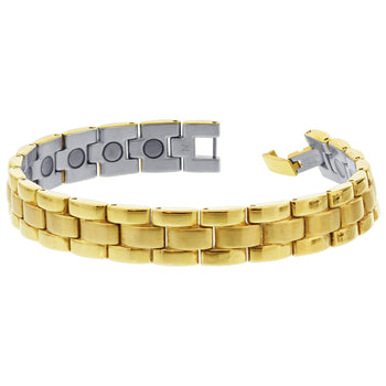 12 MM Wide Gold Tone Stainless Steel Magnetic Link Bracelet Long with Fold over Clasp - Gem Avenue