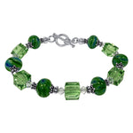 Green Millefiori Glass & Austrian Crystals 925 Sterling Silver 7.5 inch Long Bracelet