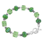 Green Millefiori Glass & Austrian Crystals 925 Sterling Silver 7.5 inch Long Bracelet