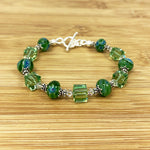 Green Millefiori Glass & Austrian Crystals 925 Sterling Silver 7.5 inch Long Bracelet