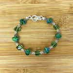 Green Millefiori Glass & Austrian Crystals 925 Sterling Silver 7.5 inch Long Bracelet