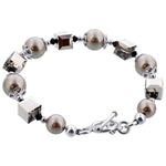 Round Faux Pearl & Cube Austrian Crystals 925 Sterling Silver 7.5 inch Long Bracelet