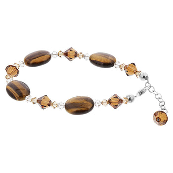 Tiger Eye Brown Austrian Crystals 925 Sterling Silver Adjustable Bracelet - Gem Avenue