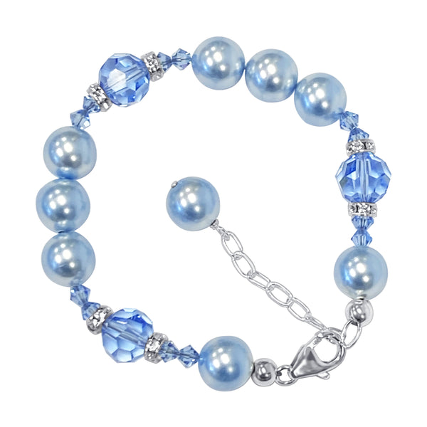 .925 Silver 7 to 9 inch Bracelet with Faux Pearl and Austrian Crystals