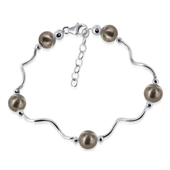 8mm Bronze Austrian Faux Pearl 7 inch Sterling Silver Wavy Bracelet - Gem Avenue