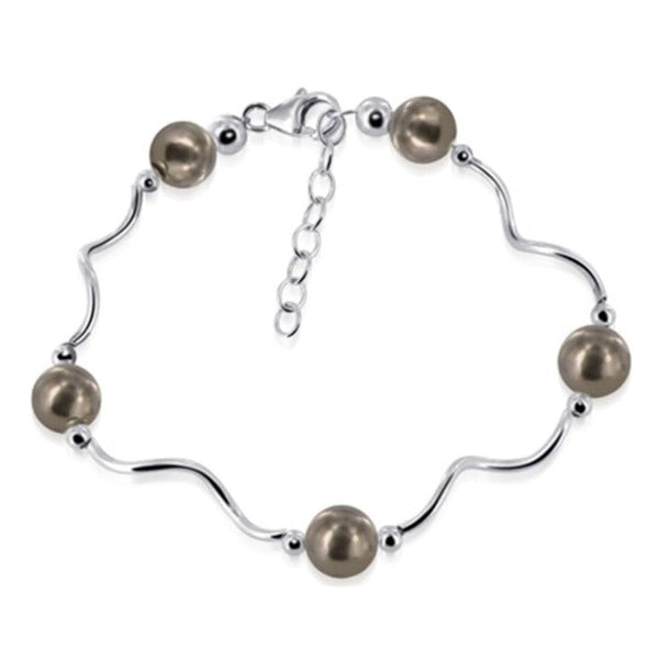 8mm Bronze Austrian Faux Pearl 7 inch Sterling Silver Wavy Bracelet - Gem Avenue