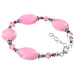 Oval Pink Glass Beads 925 Sterling Silver Austrian Crystals 7 to 8 inch Long Adjustable Bracelet