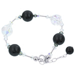 Round Black Faux Pearl with Austrian Crystals 925 Sterling Silver 7 to 8 inch Long Adjustable Bracelet for Women